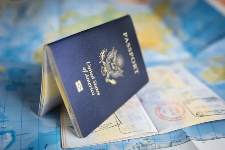 United States passport on a world map